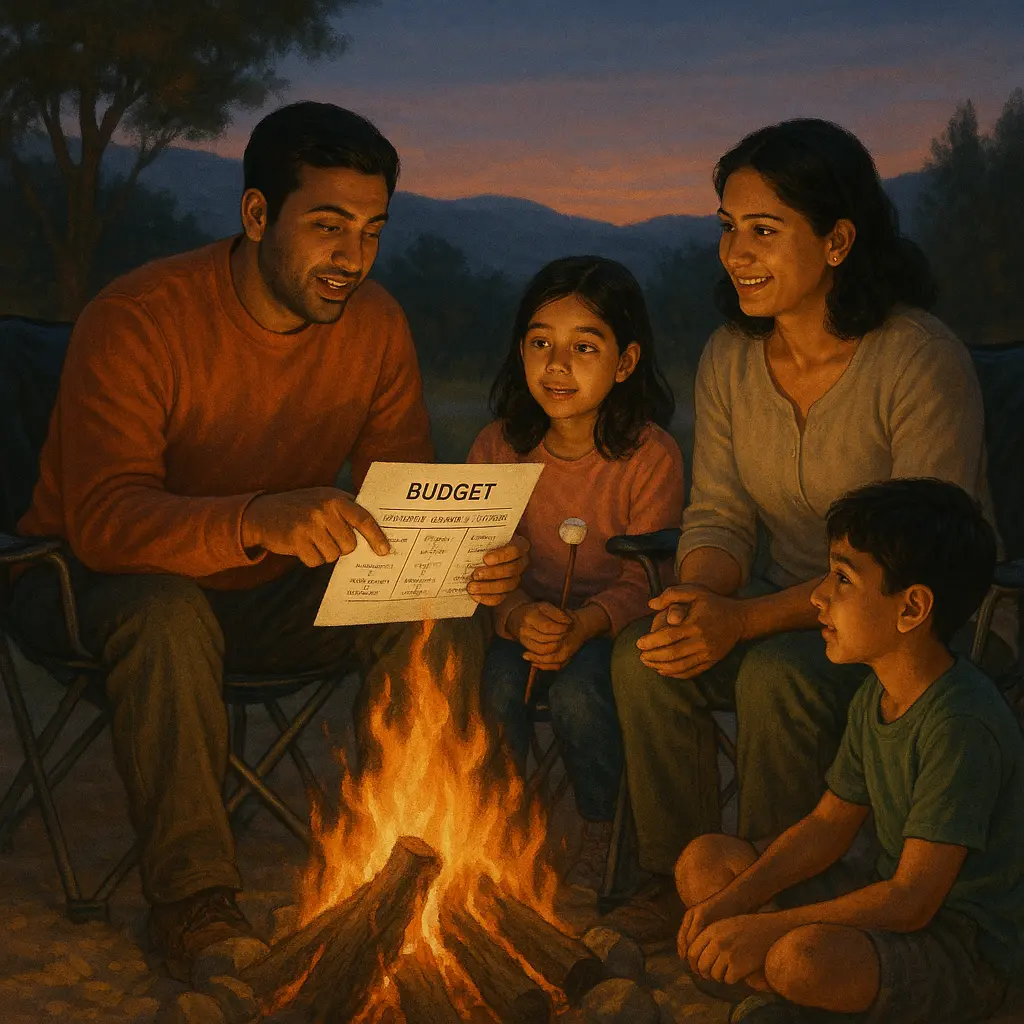 A family discussing the budget of their solar-powered RV adventure