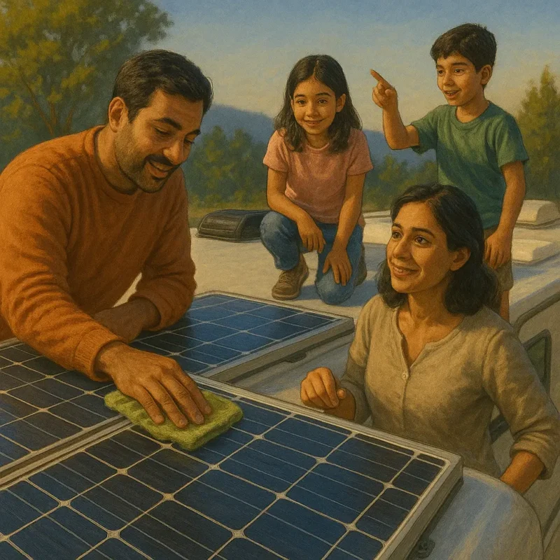 A Family Taking Care of Their Solar Panels For RV Solar Powered Jouney