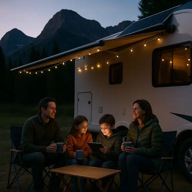 A Family Enjoying Its Night Time. A Solar-powered RV With Night Lights Is Parked Behind Them. 