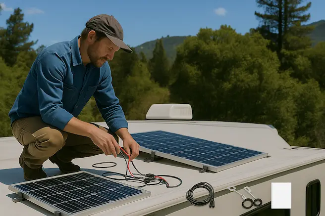 The Man Is Sitting On The Roof of an RV and Mounting Renogy 400w Solar Kit