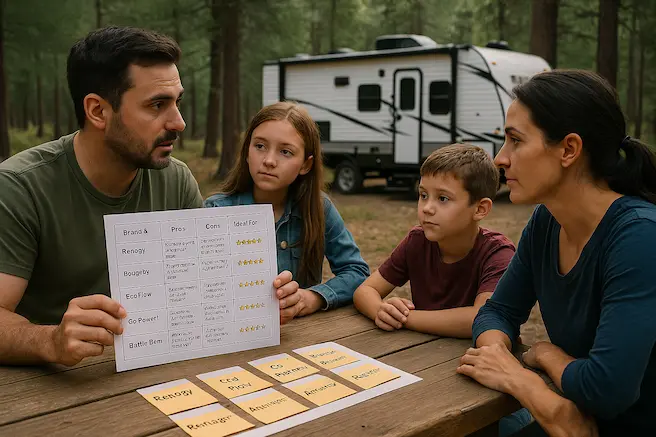 A Family Discussing ts Choice of Best RV Solar Kit. A Man Is Holding A Comparison Table Of Top 5 RV Solar Kits