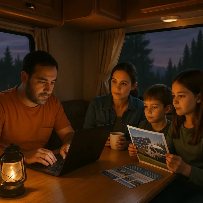A family of four people gathers around a table and discusses its choice about RV Solar KIts