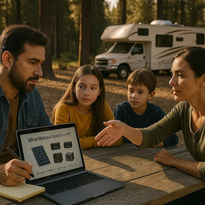 A Family Discussing The Best RV Solar Kit While Sitting Around A Table. The Man Is Holding A Laptop Showing Data About Best Solar Kits