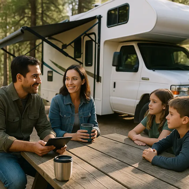 A smiling family of four gathered around a table sharing beautiful while choosing top RV Solar Kit for their adventure