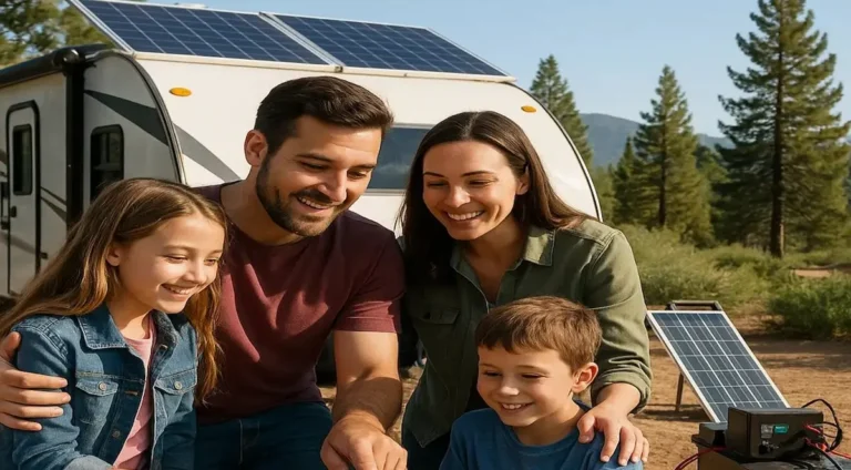 A family enjoying its beautiful moments while a solar-powered rv is parked behind it