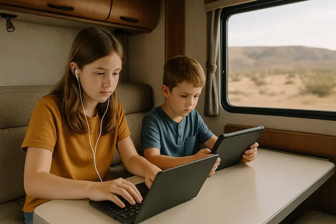 The Children Are Sitting In Their Solar-Powered RV. The Boy Is Playing Game On His Tablet While The Girl Is attending Her Class Online. The Mountain Is Visible Through The Window
