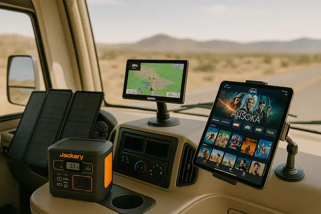 The Image Shows Portable Solar Panels, Jakery Inverter, a Google Map and An LCD To Watch movies