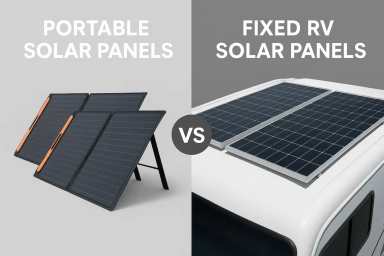 The Image Is Partitioned Into Two. The One Side Shows Portable Solar Panels And Other Shows Fixed Solar Panels. The Text On The Image Reads Portable RV Solar Panels and Fixed RV Solar Panels