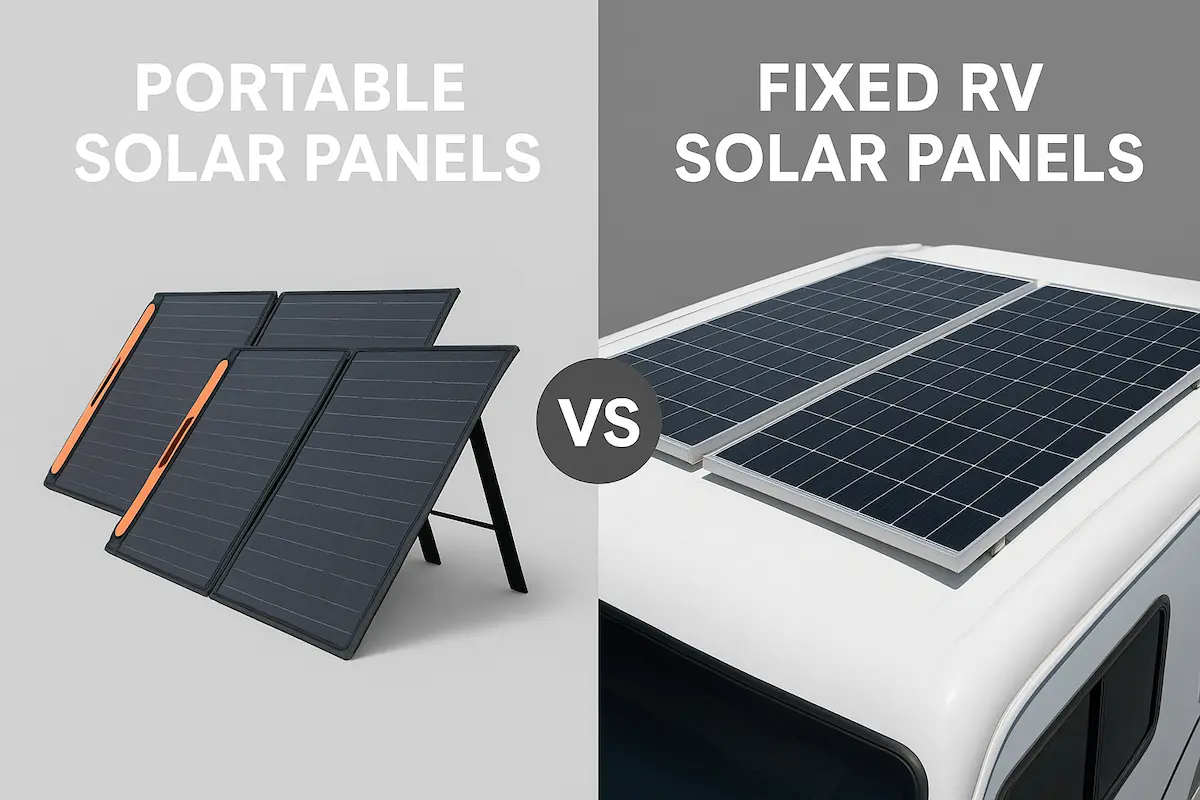 The Image Is Partitioned Into Two. The One Side Shows Portable Solar Panels And Other Shows Fixed Solar Panels. The Text On The Image Reads Portable RV Solar Panels and Fixed RV Solar Panels