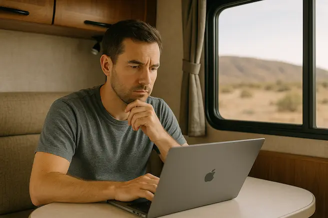 The Man Is Working On His Laptop Sitting Inside A Solar-Powered RV. The mountain is visible through the window