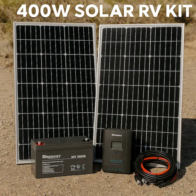 The Image Shows fixed Solar Panels, Renogy Inverter And Wires. The Text On The Image Reads 400W Solar RV Kit