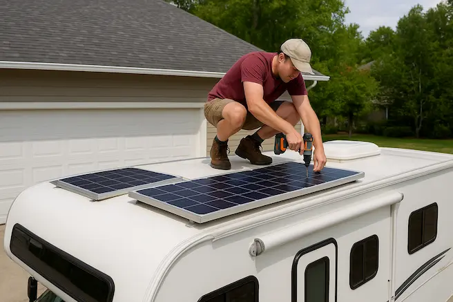 The Man Is Installing A Solar Panel On The Roof of An Roof. He Is Sitting On Roof Of An RV Adjusting The Solar Panel