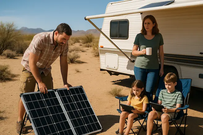 A family is venturing through the desert in its solar-powered RV. The woman is standing holding coffee while man is holding portable solar panels