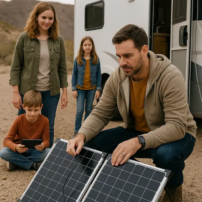 A man is holding portable solar panel while his family is standing behind and a solar-powered rv is parked behind them