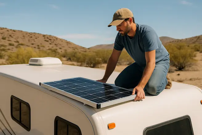 A man is sitting on the roof of the rv and mounting a solar panel onto the roof