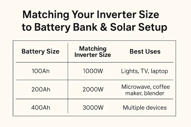 The image shows inverter sizes for different appliances