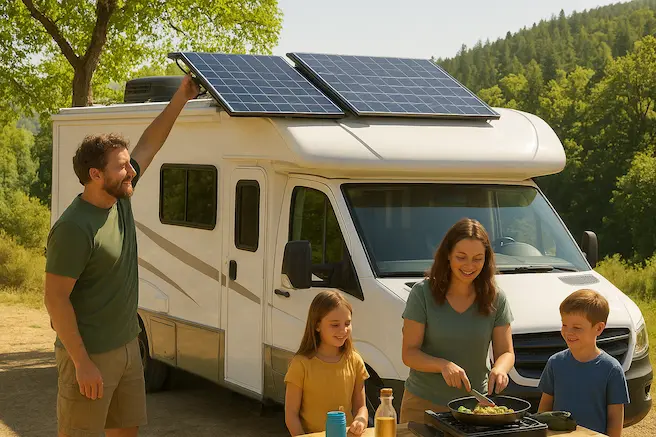 The image shows an RV powered with solar energy and a family enjoying their adventure in the beautiful scenery