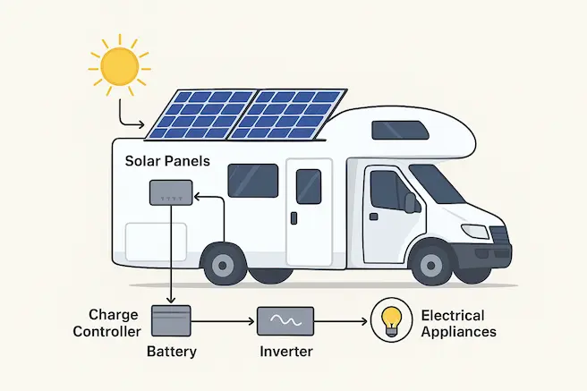 The image explains the working of RV on solar power