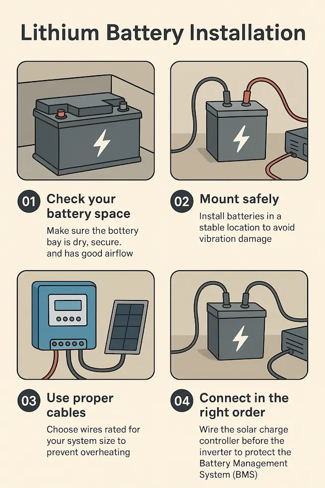 The image shows the step by step guide to install lithium battery