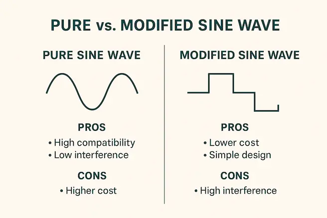 The image shows a comparison between pure sine wave and modified sine wave inverters