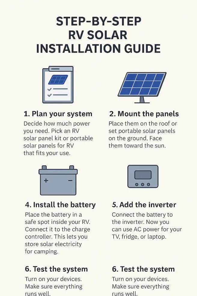 The image shows the step-by-step guide to install solar panels on an RV
