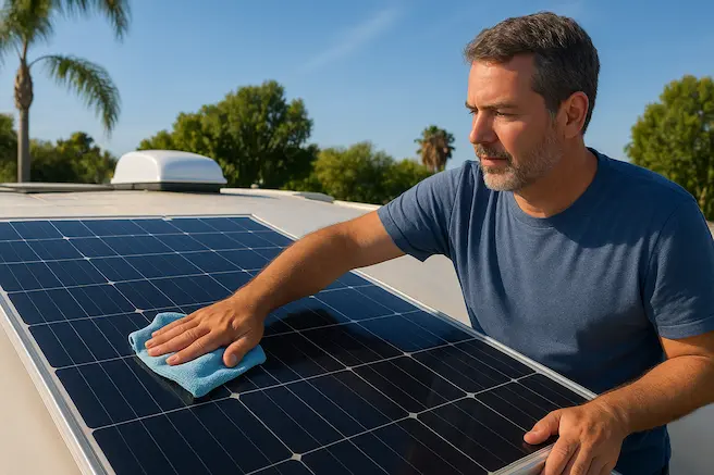 The Image Shows A Person Cleaning The Solar Panels Of RV