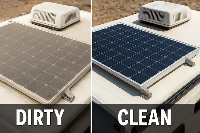RV roof panels covered in dust vs. cleaned