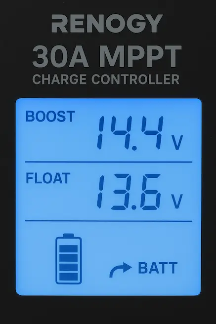 Renogy 30A MPPT settings screen showing 14.4V Boost and 13.6V Float
