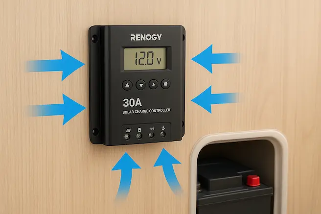 Renogy 30A controller mounted near RV battery compartment with airflow arrows