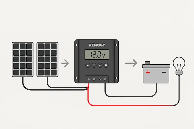 Simple wiring diagram showing “Panels → Controller → Battery → Load