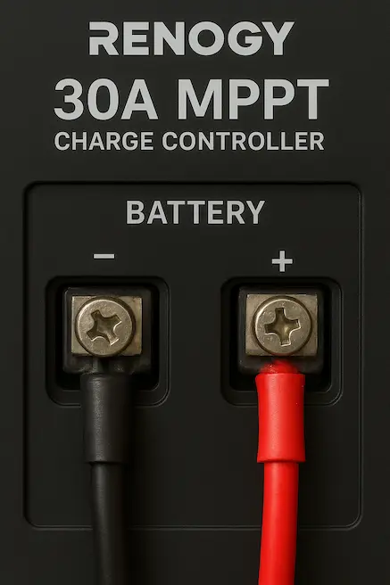 battery-connection-terminals-on-Renogy-30A-MPPT-with-red-and-black-wires-labeled